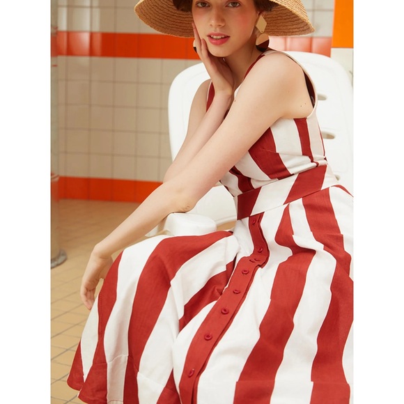 Bea & Dot by ModCloth Retro Pinup Rockabilly Stripe Red White Midi Dress Size S - Picture 1 of 12